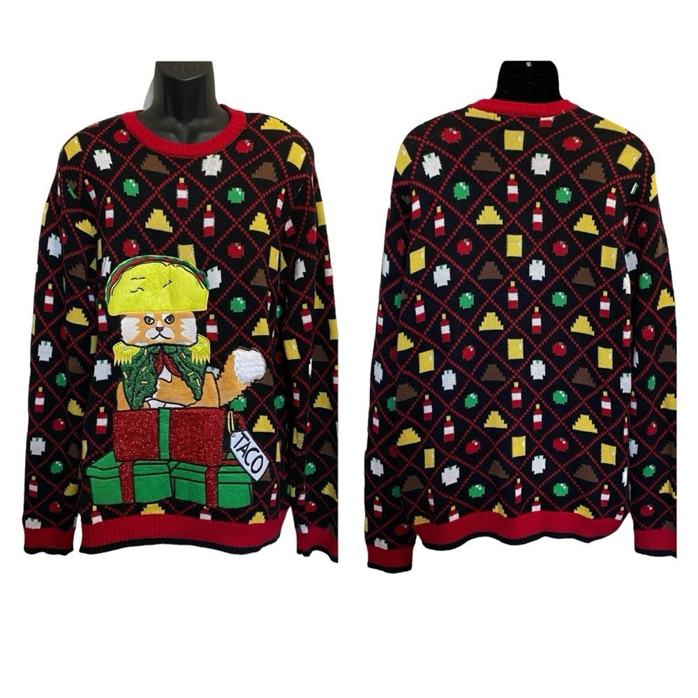 Blizzard Bay Taco Cat Christmas Sweater Jumper Embellished Unisex Men’s Sz XL